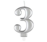 Unique 19593 - Candela di Compleanno Numero 3-8 cm - Colore Argento Metallizzato - 1 Pezzo (Confezione da 1)