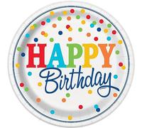 Unique- Piatti di Carta Ecologici-23 cm-Festa a Pois Arcobaleno-8 Pezzi (Confezione da 1), Multicolore, 23 centimeters, 58255EU