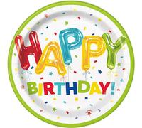 Unique 73104EU - Piatti di Carta Ecologici - 18 cm - Festa di Compleanno con Palloncini Felici - 8 Pezzi (Confezione da 1)
