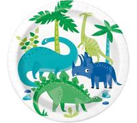 Unique- Piatti di Carta Ecologici-18 cm-Festa dei Dinosauri Blu e Verdi-8 Pezzi (Confezione da 1), Multicolore, Small, 73884EU