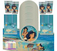 Unique Disney Aladdin Party Supplies Pack Serves 16: 9" Plates Luncheon Napkins Cups and Table Cover with Birthday Candles (Bunde for 16)