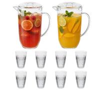 UNIQUE HOME LIVING Brocca in plastica trasparente da 2 l, con coperchio, per frigorifero, senza BPA, 2 brocche per succhi con 8 tazze per tè freddo, limonata, cocktail, bevande fredde, design a