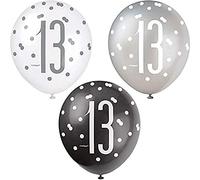 Unique- Palloncini in Lattice per Il 13° Compleanno-30 cm-Compleanno Glitz Nero e Argento-Confezione da 6, Black & Silver, 83381