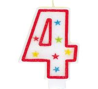 Unique Party 37314 - Candela per il Compleano Numero 4 Con Glitter e Decorazione per Torte "Happy Birthday"