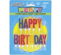 Unique Party 71190 - Candele Con Lettere "Happy Birthday" e supporto, Set di 13 , Modelli/Colori Assortiti, 1 Pezzo