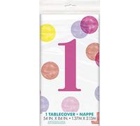 Unique Party 73283 - Tovaglia in Plastica - 2,13 m x 1,37 m - Pois Rosa 1° Compleanno