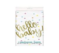 Unique Party 73523 - Tovaglia in Plastica - 2,13 m x 1,37 m - Baby Shower Oro Hello Baby