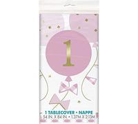 Unique Party 74903 - Tovaglia di Plastica per il Primo Compleanno a Quadretti Rosa, 2,13 m x 1,37 m