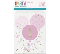 Unique Party 74913 - Sacchetti di Carta per Regalini per il Primo Compleanno a Quadretti Rosa, Confezione da 8