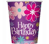 Unique- Bicchieri di Carta-266 ml-Festa di Compleanno in Fiore-Confezione da 8, Multicolore, 82212