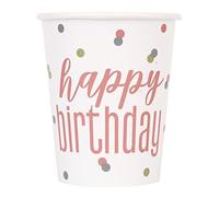 Unique- Bicchieri di Carta-266 ml-Compleanno Glitz Oro Rosa-Confezione da 8, Rose Gold, Happy Birthday, 82220