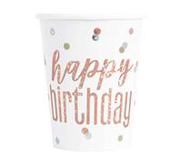 Unique- Bicchieri di Carta-266 ml-Compleanno Glitz Lamina Oro Rosa-Confezione da 8, Rose Gold, Happy Birthday, 82245
