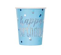 Unique Party 82247 - Bicchieri di Carta - 266 ml - Compleanno Glitz Lamina Blu e Argento - Confezione da 8
