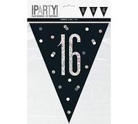 Unique Party 83423 - Striscione per Bandierine del 16° Compleanno - 2,74 m - Compleanno Glitz Nero e Argento