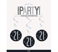 Unique Party 83784 - Decorazioni per il 21° Compleanno a spirale da appendere - 81 cm - Compleanno Glitz Nero e Argento - Confezione da 9