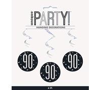 Unique Party 83791 - Decorazioni per il 90° Compleanno a spirale da appendere - 81 cm - Compleanno Glitz Nero e Argento - Confezione da 16