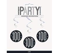 Unique Party 83792 - Decorazioni per il 100° Compleanno a spirale da appendere - 81 cm - Compleanno Glitz Nero e Argento - Confezione da 17