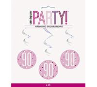 Unique Party 83817 - Decorazioni per il 90° Compleanno a spirale da appendere - 81 cm - Compleanno Glitz Rosa e Argento - Confezione da 16