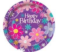 Unique- Piatti Ecologici in Carta-23 cm-Festa a Tema Fiori di Compleanno-Confezione da 8, Floreale, Multicolore, 23 centimeters, 40275EU