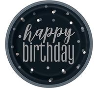 Unique- Piatti Ecologici in Carta-23 cm-Festa di Compleanno Glitz Nera e Argento-Confezione da 8, Multicolore, Happy Birthday, 83587EU