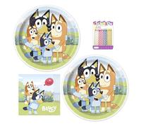 Unique Set Completo di Accessori per Festa Bluey per 16 Ospiti - Include Piatti da 22,9 cm, Tovaglioli per Pranzo e 24 Candele per Compleanno - Set per Festa di Compleanno Bluey per Bambini