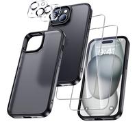 UniqueMe Per iPhone 15 Custodia, 5-in-1 Set Custodia Per iPhone 15 Case Cover Protection, 1 Custodia & 2 Vetro Temperato & 2 Fotocamera Protettiva - Nero Opaco