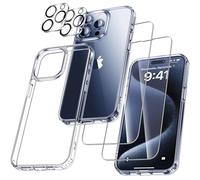 UniqueMe Per iPhone 15 Pro Max Custodia, 5-in-1 Set Custodia Per iPhone 15 Pro Max Case Cover Protection, 1 Custodia & 2 Vetro Temperato & 2 Fotocamera Protettiva-Trasparente