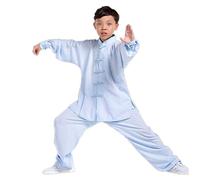 Unisex Adolescente Tai Chi Abbigliamento Performante Colletto Dritto Kung Fu Ricamo Uniforme in Cotone Superiore + Inferiore Blu S