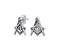 Unisex Compass Masonic Freemason Push Pin Pendant Stud Earrings For Women Oxidized .925 Sterling Silver