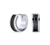 Unisex Due Toni A Strisce Smalto Nero Concavo Huggie Piccoli Orecchini A Cerchio Per Gli Uomini O Le Donne Argento Tono Acciaio Inox .50 Diametro