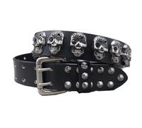 Unisex Heavy Duty Leather Belt, Double Prong Buckle With 2 Row Round & Skull Rivets, Black 125cm/49Inch(115cm/45)