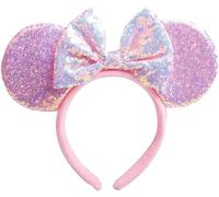 Unisex Mouse Ears Headbands With Bow & Snowflake & Sequins, for Cartoon Princess Costume Cosplay Decoration, Glitter Christmas Party for Girls & Women & Adult; FG1 (Soft Flannel Pink)