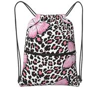 Unisex Sport String Zaino Pink Butterfly And Leopard Design Zaino con Coulisse Stampate Borse da Palestra per Regalo, Scuola, Natale