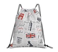 Unisex Zaino Coulisse Retro British Flag Symbols Landmarks News Paper, con Coulisse Sacca Sportiva Palestra, Poliestere Zainetto, per Spiaggia Adulto 36X42cm