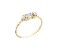 Unisize - Anello da donna, sottile, ovale, opale con due perle, in oro giallo, 14 (17,2), Oro giallo 14 carati (585), Opale