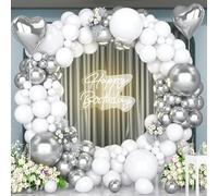 Unisun Kit Arco Palloncini Argento Bianchi, 147 Pezzi Ghirlanda Palloncini Argento Metallizzato con Palloncini Foil Argento a Cuore per Matrimonio Compleanno Festa Decorazione Anniversario Baby Shower