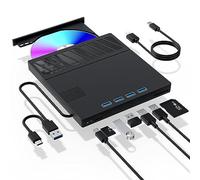 Unità CD/DVD esterna per computer portatile, 7 in 1, lettore CD/DVD, masterizzatore portatile ad alta velocità con lettore di schede SD/TF, 4 porte USB 3.0, compatibile con Windows 11/10, Linux, Mac