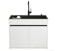 Unità Lavello Moderna con Mobile per Monolocale e Balcone, vasca in acciaio inox nano nero con mobile in alluminio alveolare, maniglia a gola, design anti-trabocco, accessori completi
