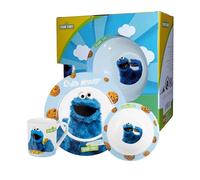 United Labels Set da colazione per bambini, con mostro briciole e biscotti, in porcellana, 3 pezzi, con piatto, ciotola e tazza, lavabile in lavastoviglie e adatto al microonde