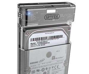 UNITEK Alloggiamento per disco rigido esterno da 2,5" HDD/SSD SATA I/II/III, con cavo 3.0 integrato, montaggio senza attrezzi, trasparente