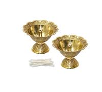 Universal Hub® Lampada Diya Ghee in ottone con 50 stoppini in cotone set Batti Aarti Thali articolo per Puja per Mandir piccola lampada a olio in metallo piatto indiano decorativo lampada Puja