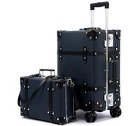 Universal Trotter Simpatico set vintage da 2 pezzi con custodia portatile, approvato TSA, ruote girevoli, Blu scuro, 20"+12", Valigia Vintage con telaio in alluminio largo con doppie ruote