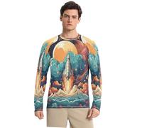 Universale Cool Razzo Planet Art Maglia Rash Guard Uomo Girocollo con Protezione Solare UPF 50+,Manica Lunga per Pesca Corsa Outdoor
