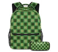 Unleash Creativity, zaino con astuccio per ragazzi e ragazze, set da 2 pezzi, motivo a scacchiera verde, Multicolore#06, B:29.4x20x40cm P:19x7.5x3.8cm, Zaino daypack