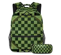 Unleash Creativity, zaino con astuccio per ragazzi e ragazze, set da 2 pezzi, motivo a scacchiera verde, Multicolore#04, B:29.4x20x40cm P:19x7.5x3.8cm, Zaini Daypack