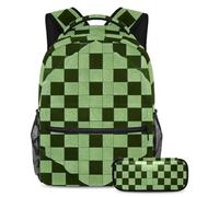 Unleash Creativity, zaino con astuccio per ragazzi e ragazze, set da 2 pezzi, motivo a scacchiera verde, Multicolore#01, B:29.4x20x40cm P:19x7.5x3.8cm, Zaino daypack