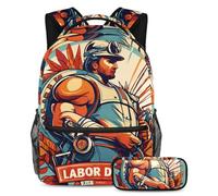 Unleash Creativity, zaino con astuccio per ragazzi e ragazze, set da 2 pezzi, motivo festa del lavoro, Multicolore#05, B：29.4x20x40cm P：19x7.5x3.8cm, Zaini Daypack