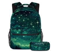 Unleash Their Style, set di 2 zaini per bambini con zaino e astuccio, borsa da viaggio grande capacità per ragazzi, ragazze e adolescenti, cielo stellato verde, Multicolore, B:29.4x20x40cm\