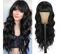 UNNYMGER Parrucca nera con frangia, parrucca ondulata riccia da donna, capelli lunghi e ondulati, colore nero naturale, fibra sintetica delicata sulla pelle, per festival, vacanze, uso 66 pollici