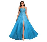 Uno - abito da sera in rilievo Tulle della spalla, vestito da promenade alto di Champagne della fessura, Blu acqua, 50